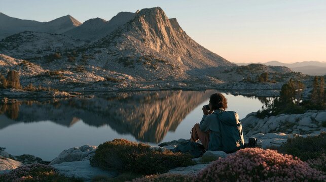 Person sitting on a rocky cliff overlooking a beautiful mountain lake. the person is holding a camera and appears to be taking a photo of the lake.