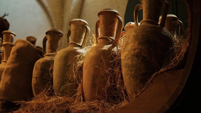 Row of aged clay amphorae in arched room