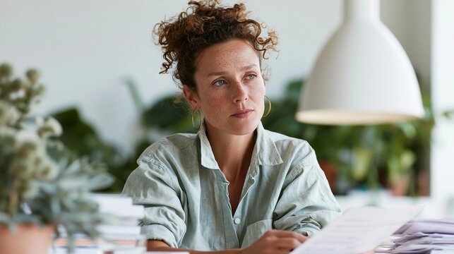 Young woman sitting at a desk with a laptop and papers in front of her. she is wearing a light blue button-down shirt and has curly blonde hair.