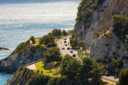 Aerial panoramic view of Torre del Mare, municipality of Bergeggi, Liguria, province of Savona, Italy. Riviera dei Fiori. Maritime Republic