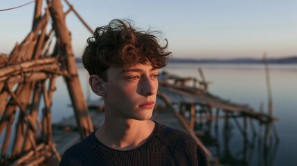 Fototapeta premium Portrait of a young man with curly hair. he is standing in front of a wooden structure that appears to be a pier or a pier.