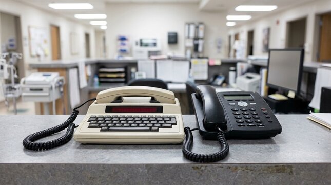 TTY telecommunications device for the deaf placed on a hospital counter next to a standard telephone showing both side by side - No People, Medical Technology Stock Photo
