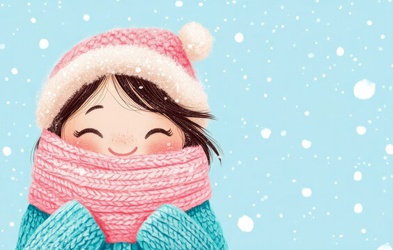 Cute illustration of happy little girl wearing warm pink hat and scarf while enjoying falling snow on cold winter day, charming winter background design.