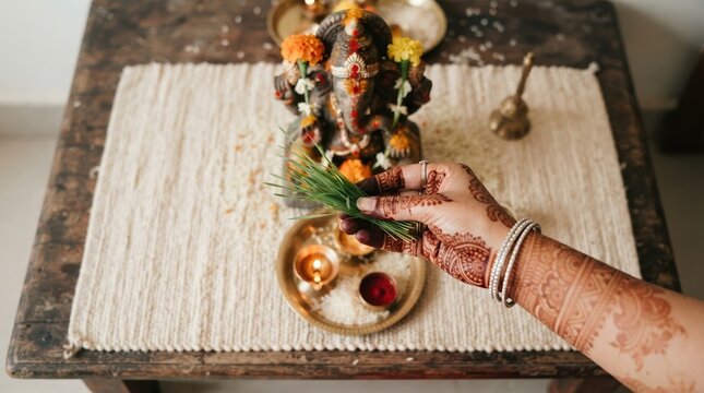 Hindu Woman Offering Durva Grass to Lord Ganesha Idol During Traditional Prayer Ritual at Home