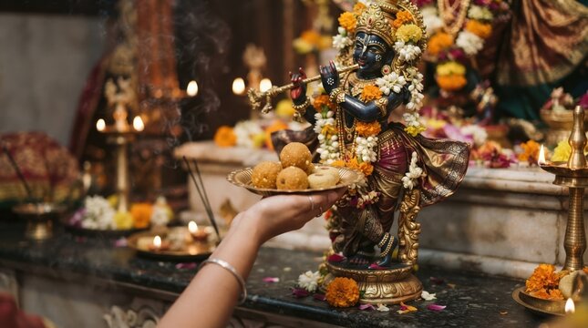 Hand Offering Laddu Sweets to Lord Krishna Statue in Hindu Temple Shrine for Janmashtami Puja Ritual