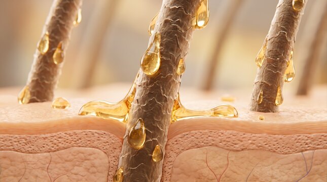 A close-up 3D render showing sebum oil droplets nourishing individual hair strands on skin surface.