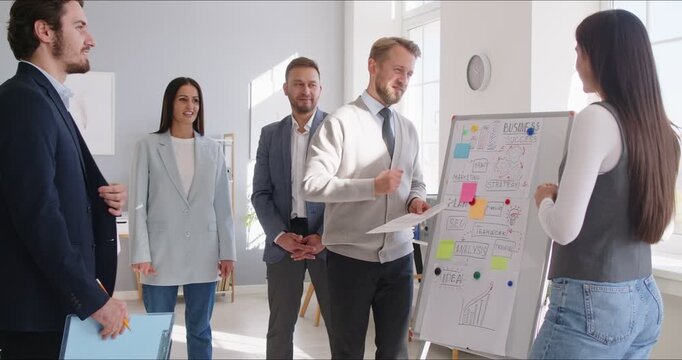 Business team meeting during corporate training. Leader presents strategy at board while colleagues discuss notes and align planning in modern office. Strong leadership and teamwork concept.