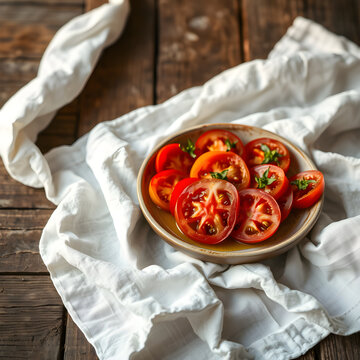 Crumpled linen with sliced heirloom tomatoes and olive oil drizzle in warm light