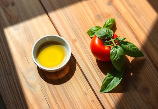 Weathered wooden table corner with a small bowl of olive oil, one tomato, and basil leaves, soft shadow