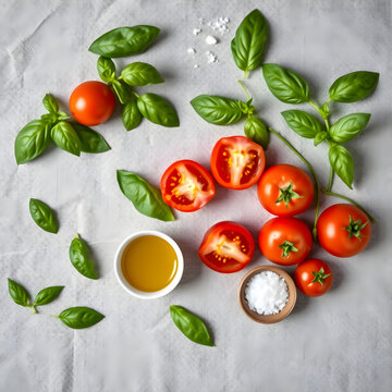 Flat lay of fresh basil leaves, halved tomatoes, olive oil bowl, and salt on grey linen
