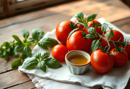 Roma tomatoes with fresh basil and olive oil dipper on rustic linen