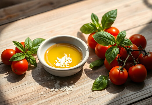 Soft shadow of basil on olive oil bowl with cherry tomatoes