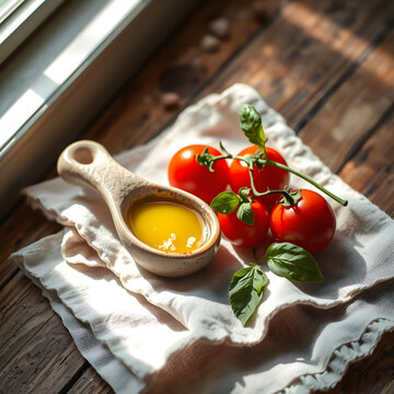 Diagonal shaft of morning light over olive oil dipper and fresh tomatoes on linen