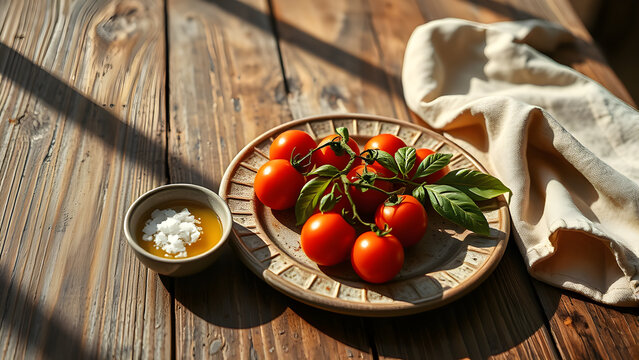 Rustic ceramic plate with cherry tomatoes, basil, and olive oil, viewed from low angle