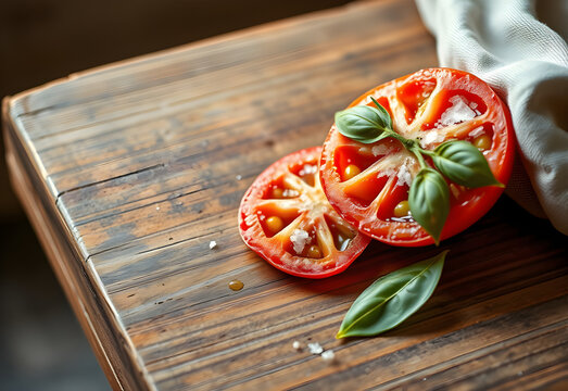 Corner of weathered wooden table with olive oil bowl, tomato slice, and basil, soft light