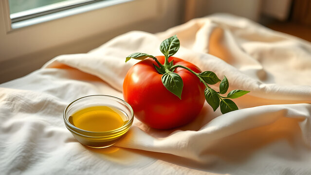 Single perfect tomato with basil sprig and olive oil dipper on drapery linen, soft morning light