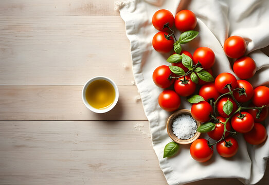 Overhead flat lay of tomatoes, basil, olive oil, and salt with copy space on left
