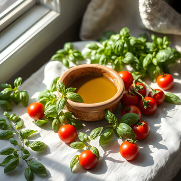 Fresh basil leaves scattered around olive oil bowl with cherry tomatoes on linen