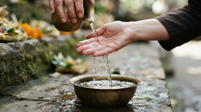 Balinese Hindu Ritual Purification Ceremony with Holy Water Cleansing and Traditional Metal Offering Vessel