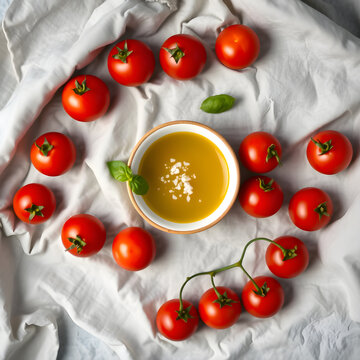 Circular flat lay of cherry tomatoes, basil and olive oil on crumpled linen