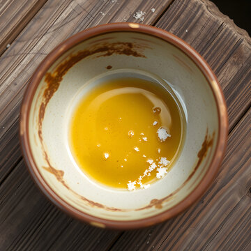 Rustic ceramic bowl with olive oil residue and scattered salt flakes
