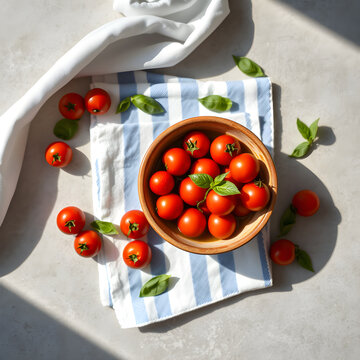 Overhead flat lay of striped linen with olive oil bowl, tomatoes, and basil