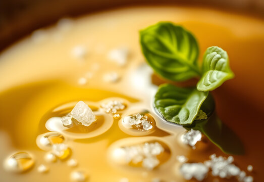 Macro of olive oil surface tension with sea salt and a single basil leaf, warm light
