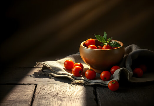 Dramatic light beam over olive oil bowl and ripe cherry tomatoes on dark linen