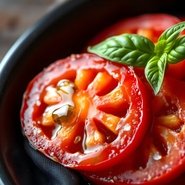 Close-up of sliced heirloom tomato with olive oil drizzle and sea salt on dark linen