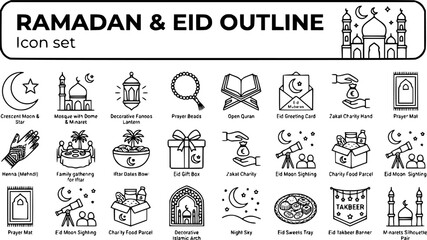 Obraz premium Ramadan and Eid Celebration Outline Icon Set with Crescent Moon, Mosque Silhouette, Lantern Fanoos and Iftar Dates, 20 Icons Editable Strokes