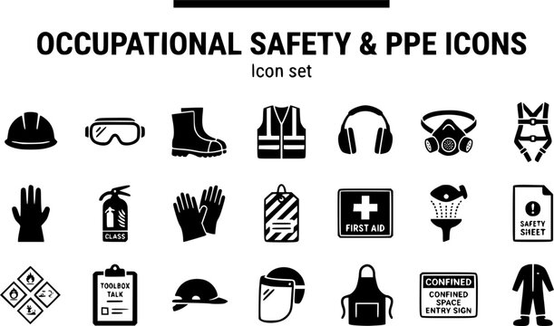 Occupational Safety and PPE Silhouette Icon Set with Hard Hat, Safety Goggles, Fall-Arrest Harness and Lockout-Tagout, 20 Icons for Workplace Safety Training, Flat Vector