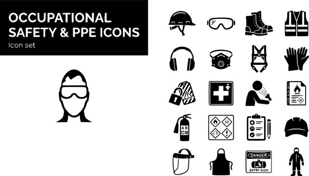 Occupational Safety and PPE Silhouette Icon Set with Hard Hat, Safety Goggles, Fall-Arrest Harness and Lockout-Tagout, 20 Icons for Workplace Safety Training, Flat Vector