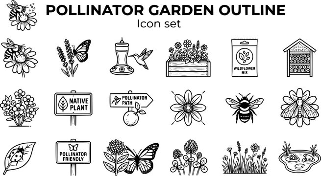 Pollinator Garden Outline Icon Set with Bee on Flower, Butterfly on Lavender, Bee Hotel and Hummingbird Feeder, 20 Icons Editable Strokes
