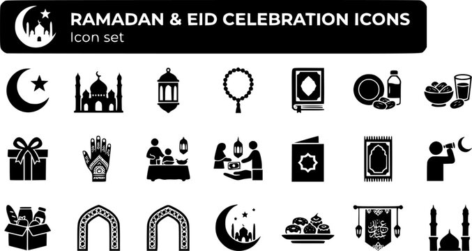 Ramadan and Eid Celebration Silhouette Icon Set with Crescent Moon, Mosque Silhouette, Lantern Fanoos and Iftar Dates, 20 Icons for Islamic Occasion Branding, Flat Vector