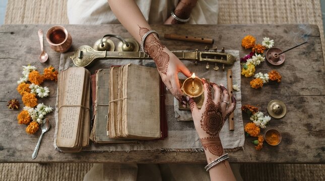 Indian Woman Hands with Henna Holding Lit Diya Lamp Over Ancient Vedic Manuscripts and Traditional Musical Instruments