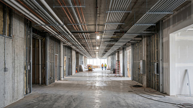 Empty Industrial Concrete Corridor with Exposed Pipes and Natural Light