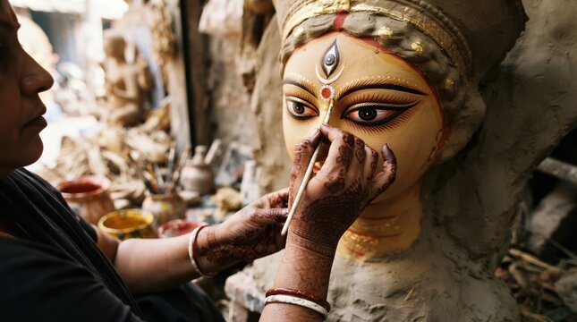 Indian female artisan painting face of clay goddess idol for traditional festival celebration