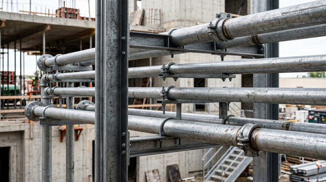 Close-up of industrial metal pipes on construction site