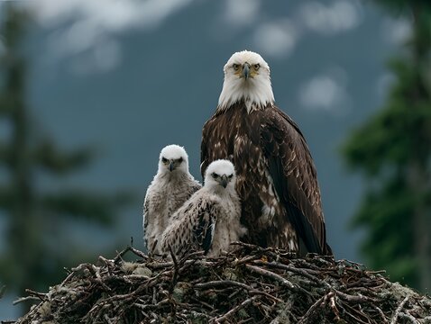 Bald eagle adult and two fluffy eaglets sitting in their natural nest
