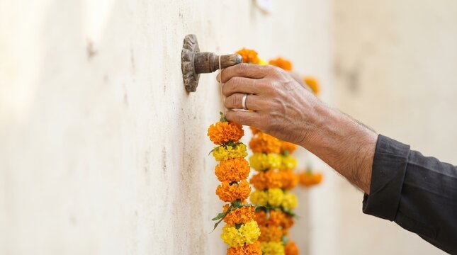 Indian man hanging marigold flower garland on wall hook for traditional home decoration and festive celebration