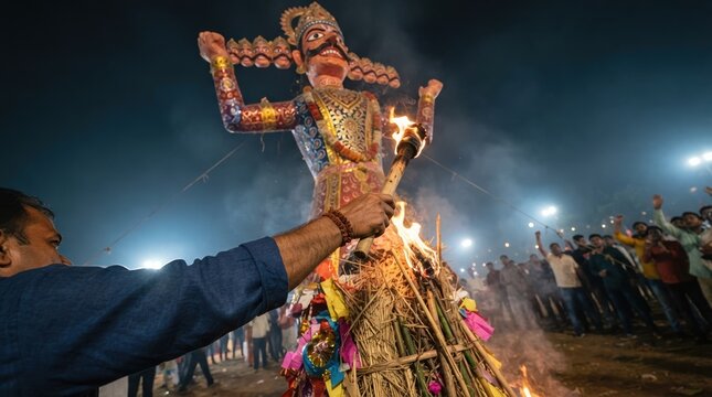 Man lighting fire to large effigy of ten headed demon king during traditional cultural festival celebration