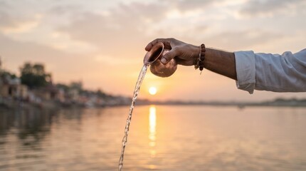 Obraz premium Indian man performing morning water offering ritual with copper vessel at sunrise on river bank for spiritual peace