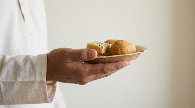 Indian man holding a plate of traditional mithai sweets for celebration and hospitality