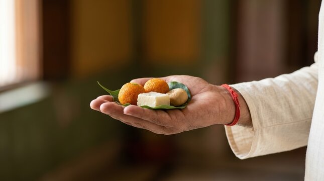 Indian man holding traditional prasad sweets on a leaf for religious offering or festival celebration