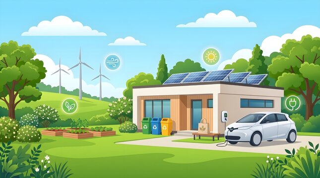 Sustainable eco house with solar panels and electric car, green energy home with wind turbines, modern self-sufficient house with recycling and garden