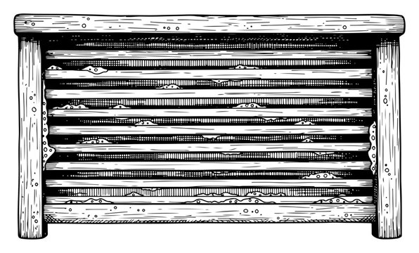 Vintage washboard or corrugated metal sheet vector illustration, industrial ribbed surface texture in retro engraving style, laundry tool