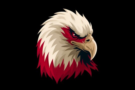 Dynamic vector illustration of a fierce eagle head with red and white feathers on a black background