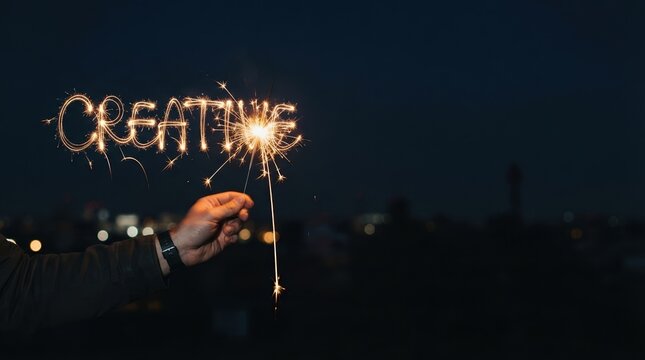 Creative light painting with sparkler writing word in night sky by male hand for business innovation concept
