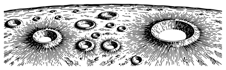 Moon surface with craters vector illustration, lunar landscape in retro engraving woodcut style, astronomical horizon background © JakubVectorSketch