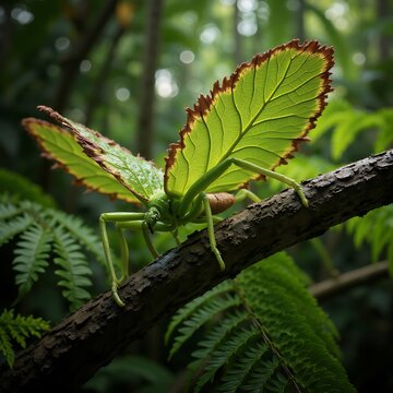 Phyllium Iyadaon Leaf Insect Resting on Branch in Jungle